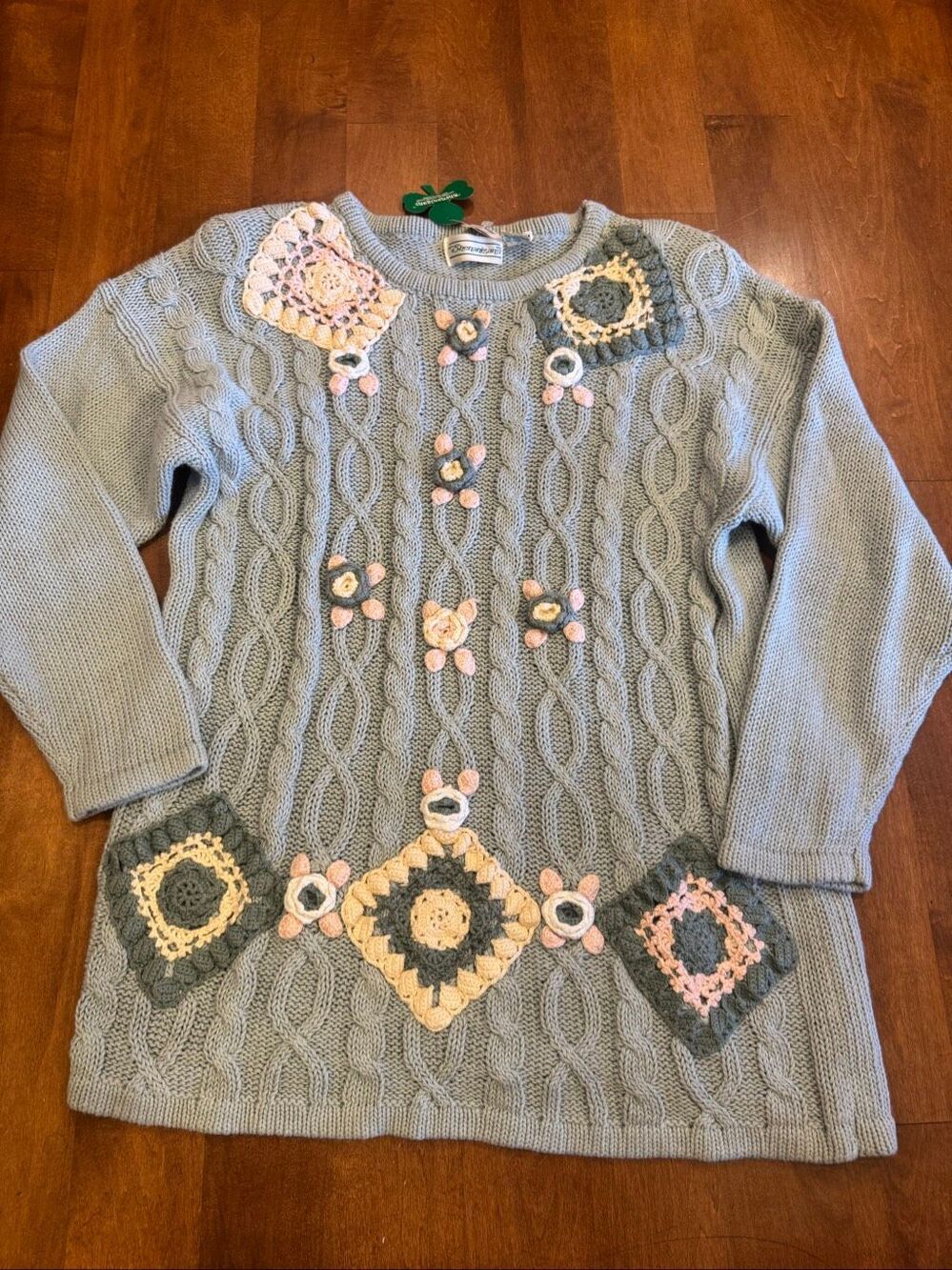 NWT Vintage 80s Shenanigans M Cable Knit Crochet Floral Sweater Shoulder Pads